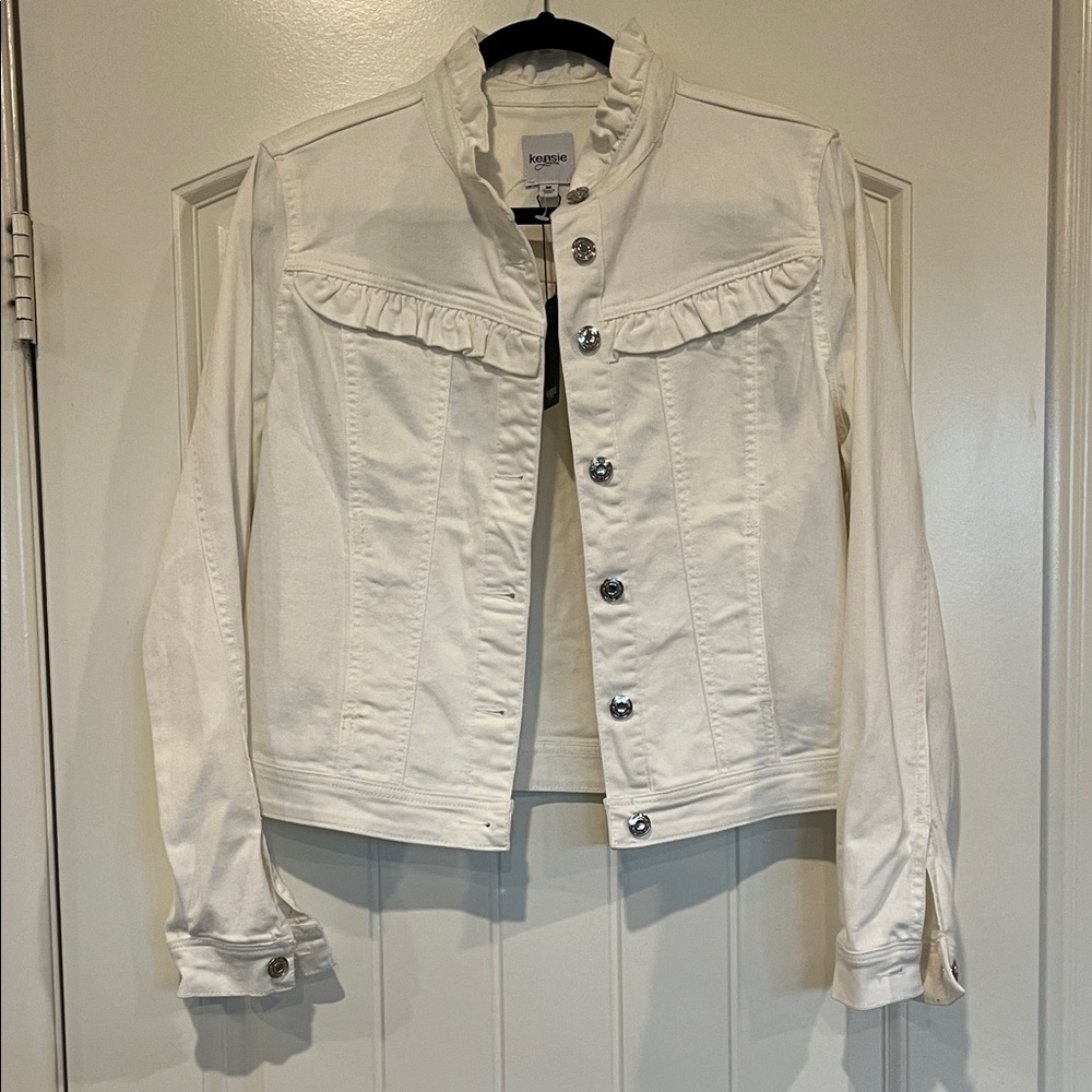 Kensie Ivory Ruffle Trim Jean Jacket